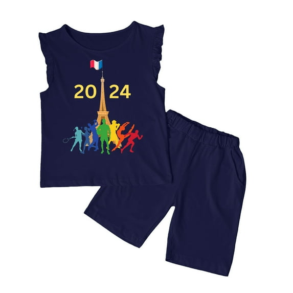 Baby Girls Outfits Summer Sleeveless Fashion Printed Vest T Shirt Tops Shorts Set Kids Clothes Dark Blue 9 Years-10 Years