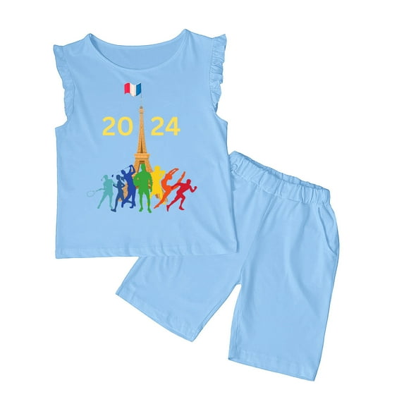 Baby Girls Outfits Summer Sleeveless Fashion Printed Vest T Shirt Tops Shorts Set Kids Clothes Sky Blue 7 Years-8 Years