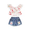 thumbnail image 1 of Baby Girls Outfits Toddler Suit Girls Colorful Printed One Shoulder Tops Blue Denim Shorts 2pcs Set Outfits, 1 of 6