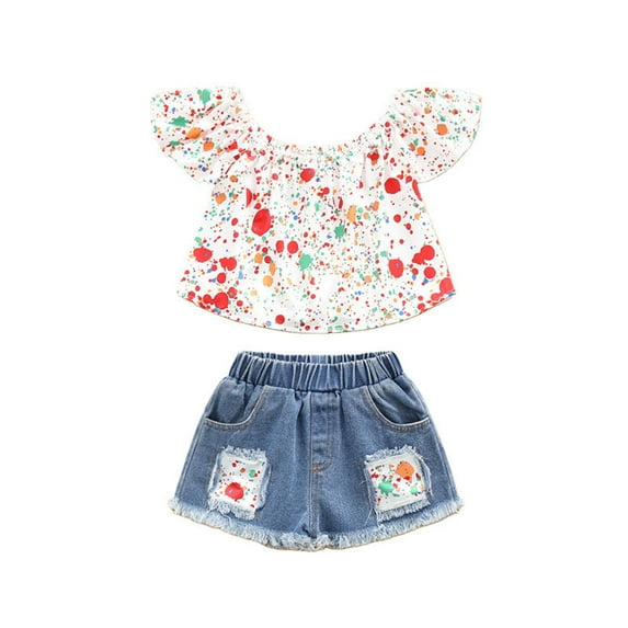 Baby Girls Outfits Toddler Suit Girls Colorful Printed One Shoulder Tops Blue Denim Shorts 2pcs Set Outfits