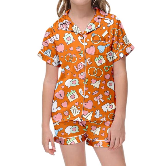 Baby Girls Pajama Set Button Down Pattern Printed Short Sleeve Toddler Outfits Loose Elastic Waistband Summer Pajamas Kids Orange,4-5 Years