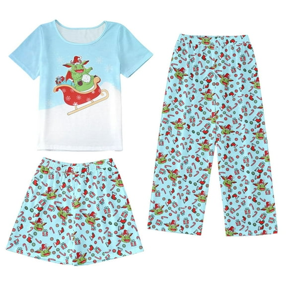 Baby Girls Pajamas 7-8 Years Short Sleeve Sleepwear Soft Cute Prints Pjs Outfits Short Sleeve T-Shirt And Shorts Pants Sets #Sky Blue