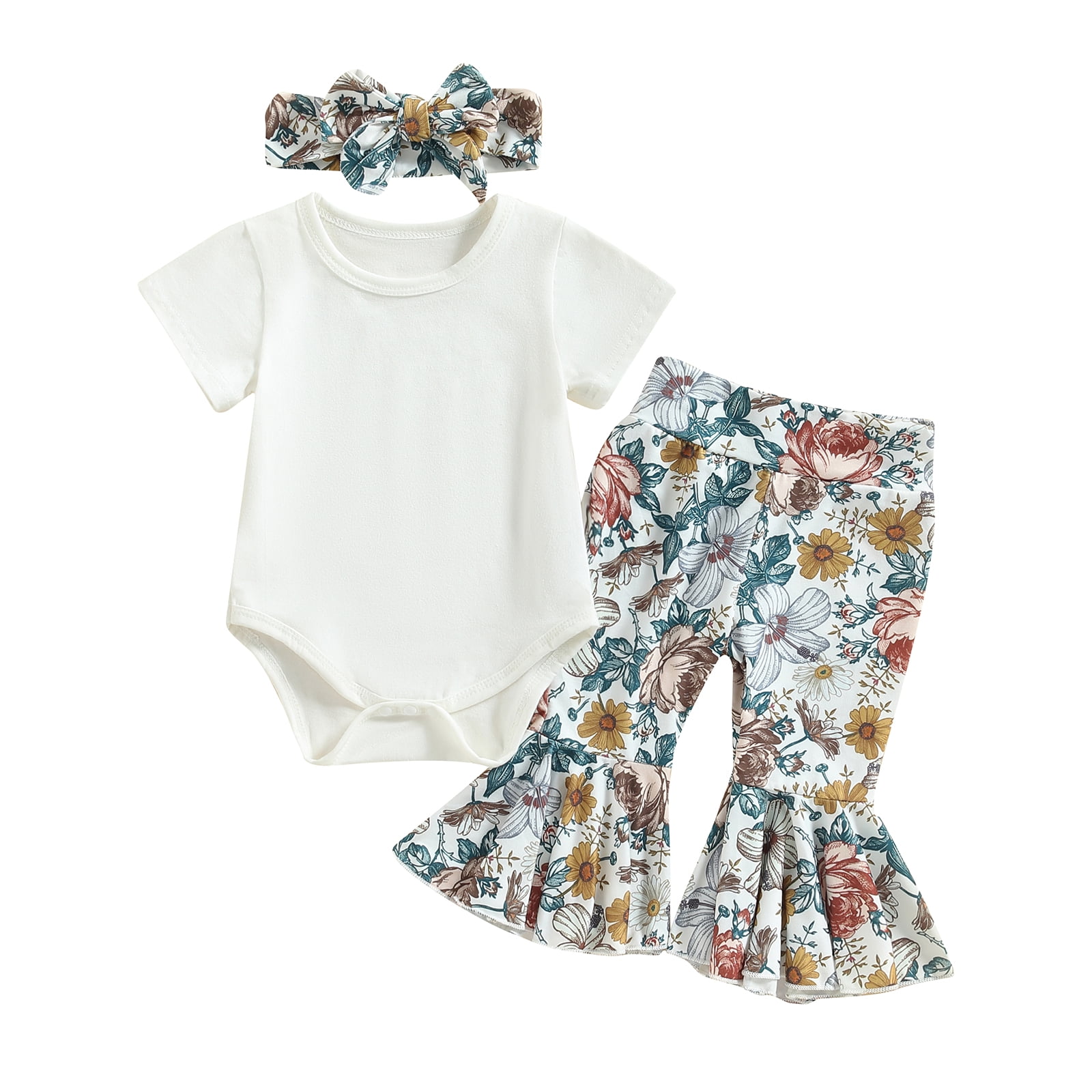 Baby Girls Pants Set, Short Sleeve Romper with Flower Print Flare Pants