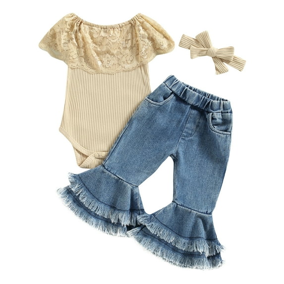 Baby Girls Pants Set, Sleeveless Lace Patchwork Romper with Tasseled Flare Pants and Headband 3-24 Months