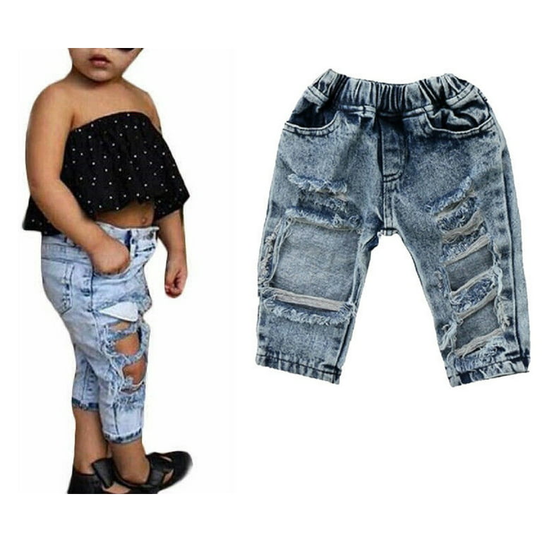Baby Girls Patch Denim Pants Stretch Elastic Trousers Jeans pocket