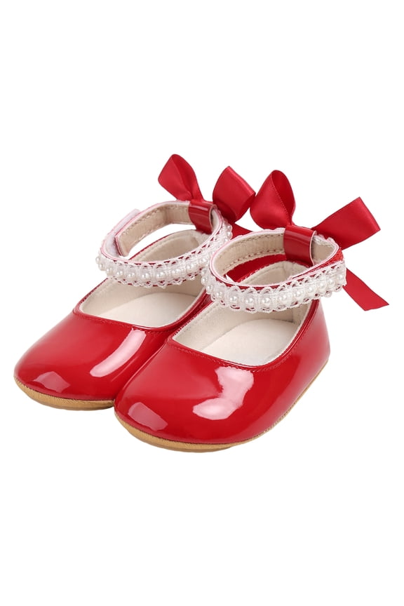 Baby Girls Peincess Dress Shoes Cute Bowknot Pearl Ankle Strap Soft Sole Casual Round Toe Leather Lightweight Flat Sandals Red 0-3 Months