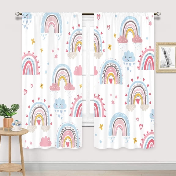 Baby Girls Pink Boho Rainbow Curtains 42Wx63H Inch Rod Pocket Cute Cartoon Colorful Cloud Stars for Kids Children Nursery Bedroom Decor Lovely Bohemian Playroom Window Drapes Fabric 2 Panel