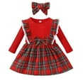 thumbnail image 1 of Baby Girls Plaid Christmas Dresses Ruffle Long Sleeve Skirt Outfits with Bowknot 3M-3Y, 1 of 6