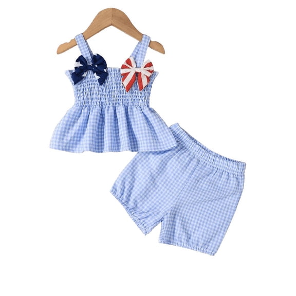 Baby Girls Plaid Pattern 2Pcs Stars Stripes Bows Smocking Straps Ruffle Tops Elastic Shorts Set Cute Clothes Blue