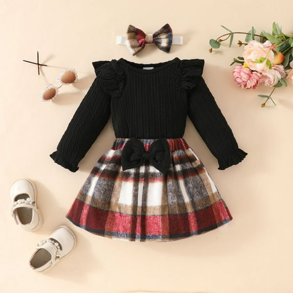 Baby Girls Plaid Skirt Set Ruffles Long Sleeve Ribbed T Shirts Plaid Mini Skirt Casual Winter Dresses for Baby Girls 3-6 Months