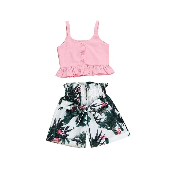 Baby Girls Rainforest Clothes Set Sleeveless Solid Color Button Camisole + High Waist Flamingo Shorts Kids 2Pcs Summer Outfits 2-7 Years