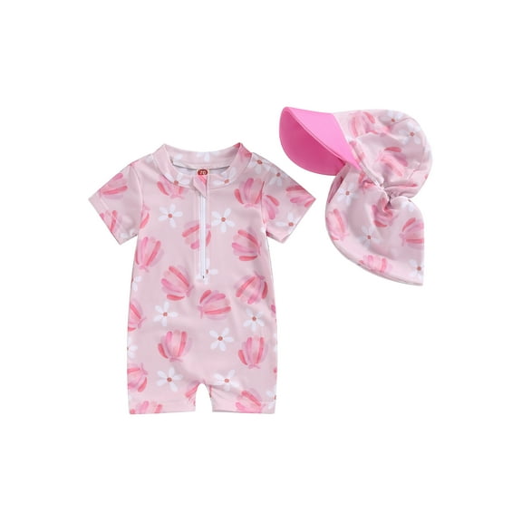 Baby Girls Rash Guard Swimsuit and Sun Hat Set, Short Sleeve Scallop Shell Print Romper Bathing Suit Infant Swimwear for Summer