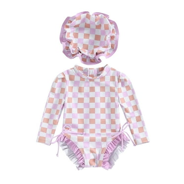 Baby Girls Rash Guard Swimsuit  with Sun Hat Long Sleeve Cute Print Bathing Suit Infant Summer Swimwear Set