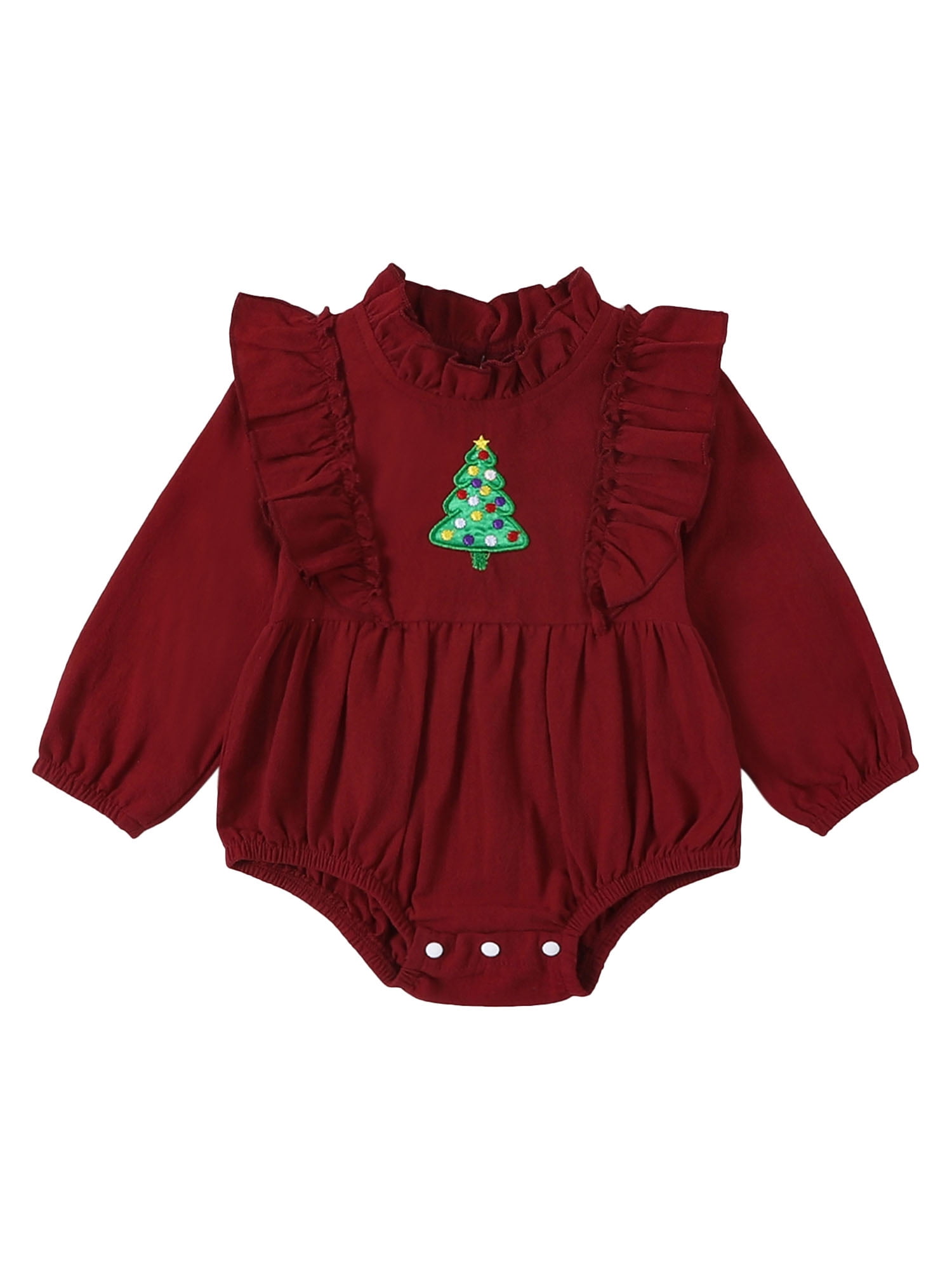 Baby Girls Red Long Sleeve Christmas Tree Embroidery Ruffle Romper