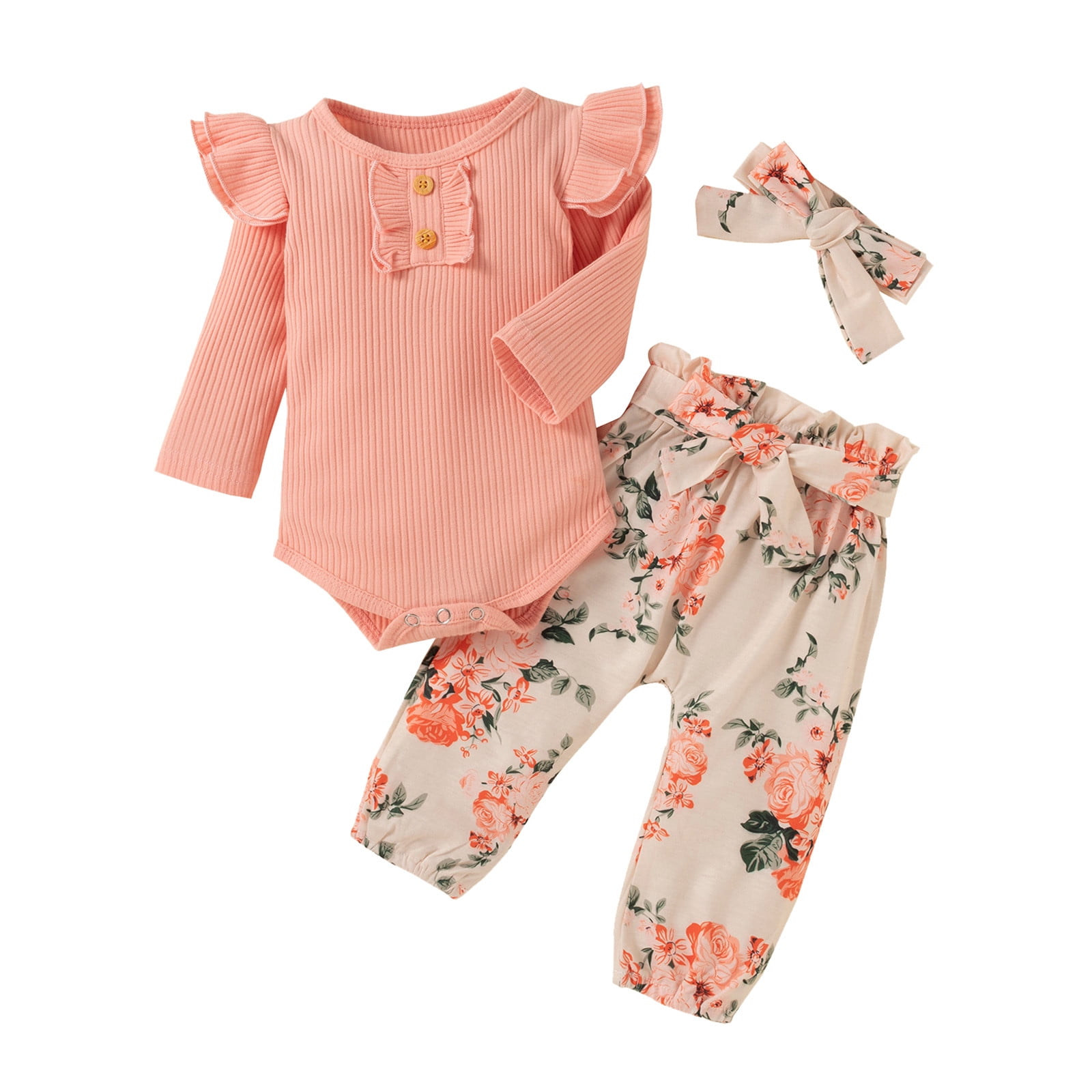 Baby Girls Ribbed Romper Tops+ Floral Pants Headband Outfits Set Little ...