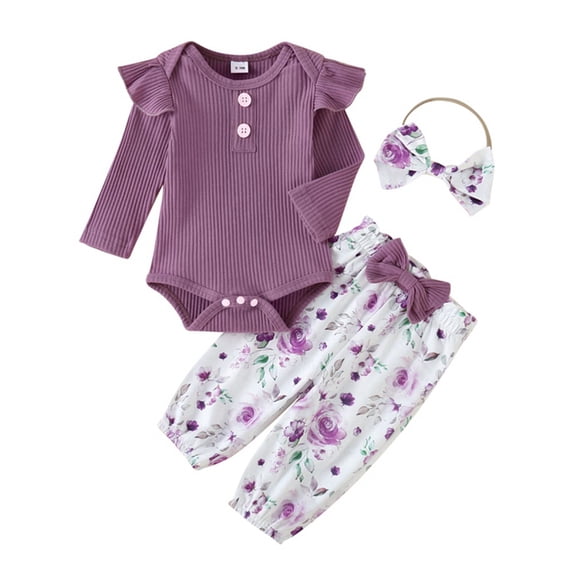 Baby Girls Ribbed Romper With Pant With Headband 3-Piece Set Festival Gift For Toddler