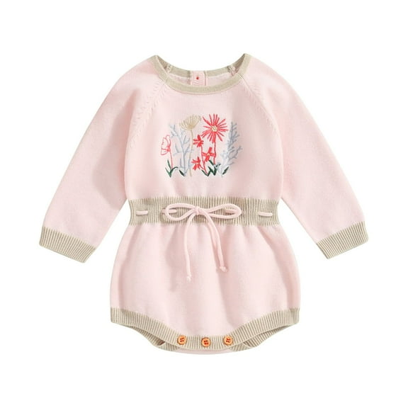 Baby Girls Romper 6M 12M 18M 24M Long Sleeve Crew Neck Embroidery Flower Drawstring Knit Bodysuit Clothes for Casual Daily