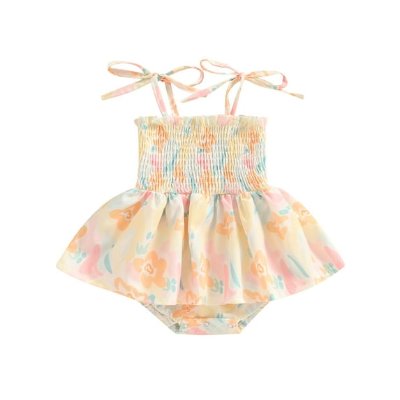 Baby Girls Romper Dress, Tie-up Sleeveless Flower Print Bodysuits Summer Clothes