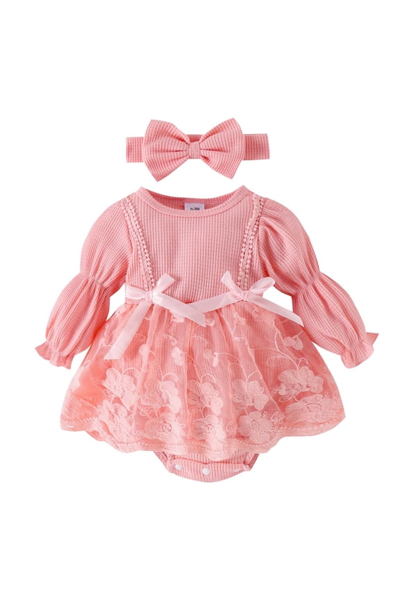 Baby Girls Romper Dresses Long Sleeve Romper Floral Overall Skirt Dress with Headband Fall Winter Outfits Set for Baby Little Kids 1-3 Months