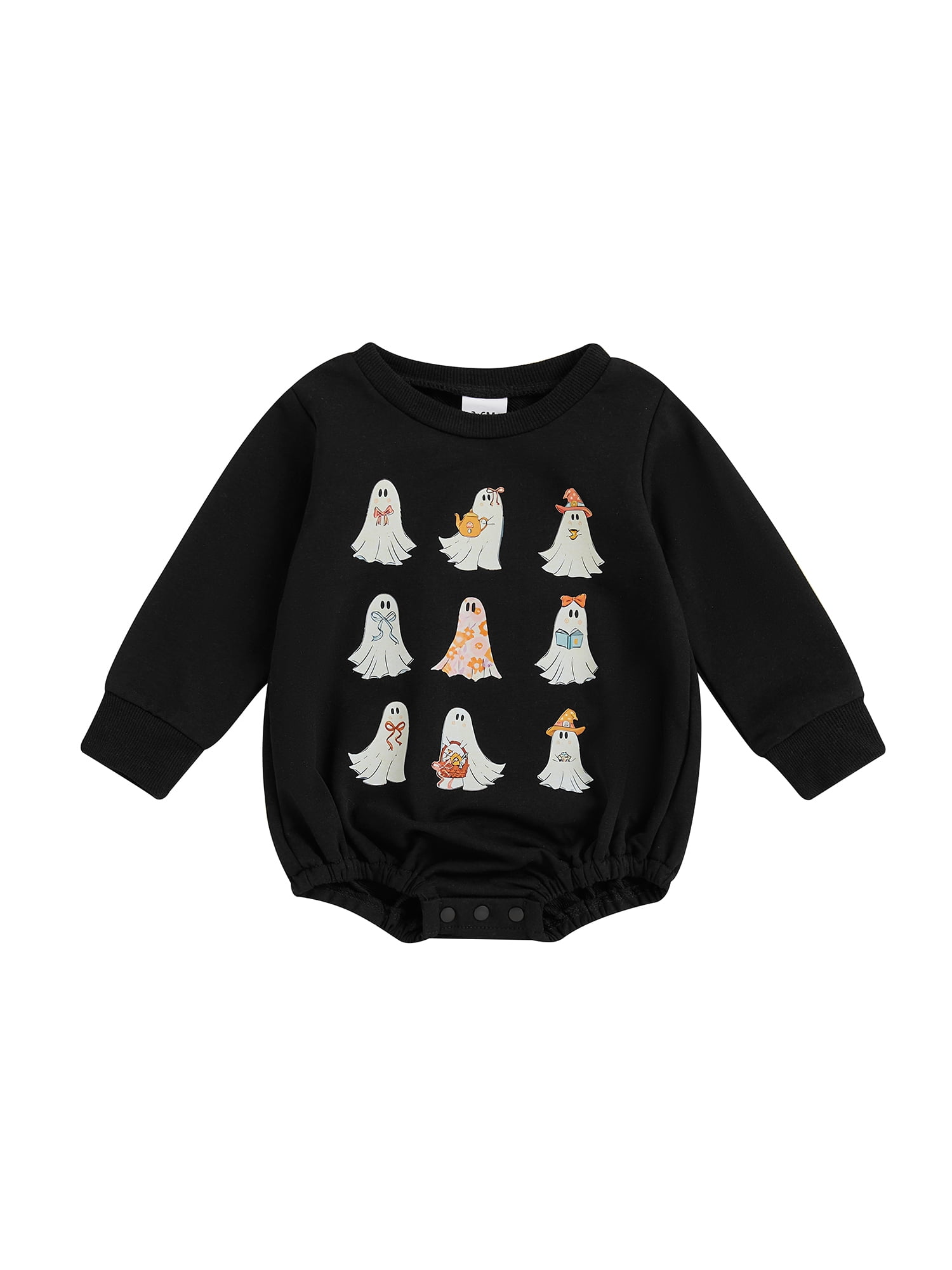 Baby Girls Romper, Long Sleeve Crew Neck Pumpkin Ghost Print Bodysuit
