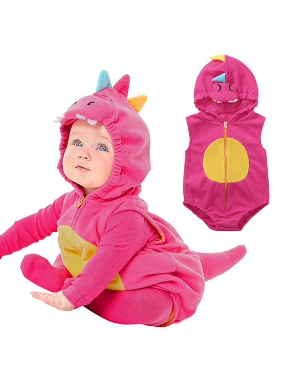 Baby Girls Romper, Newborn Infant Hooded Romper Dinosaur Cosplay Halloween Jumpsuit Autumn Winter Zipper Vest