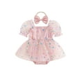 thumbnail image 1 of Baby Girls Rompers/Dress Butterfly Pattern Tulle Skirt Hem Puff Short Sleeve Dress with Headband, 1 of 6