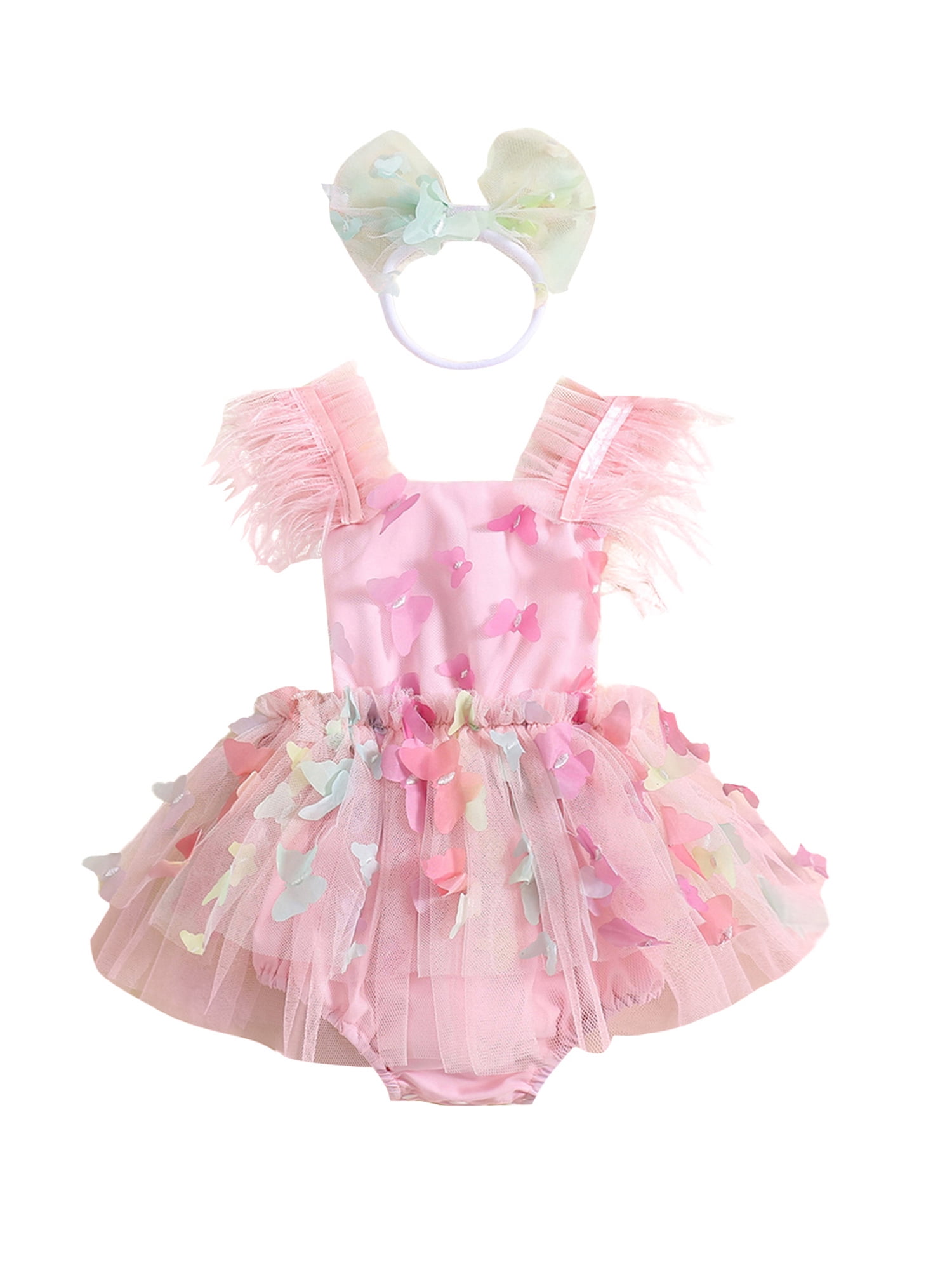 Baby Girls Rompers Dress Feather Fly Sleeve 3D Butterfly Mesh Tulle