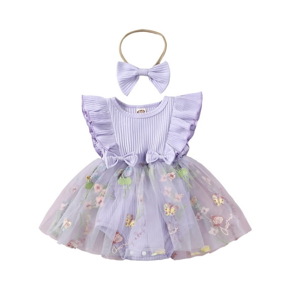 Baby Girls Rompers Dress Fly Sleeve Flower Embroidery Tulle Skirt Hem Infant Bodysuits Summer Clothes with Headband
