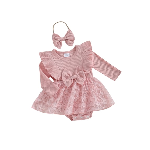 Baby Girls Rompers Dress Long Sleeve Bowknot Lace Layered Tulle Skirt Hem Toddler Bodysuits with Headband
