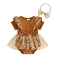 thumbnail image 1 of Baby Girls Rompers Dress Short Sleeve Bowknot Flower Print Mesh Skirt Hem Infant Bodysuits Summer Clothes with Headband, 1 of 10