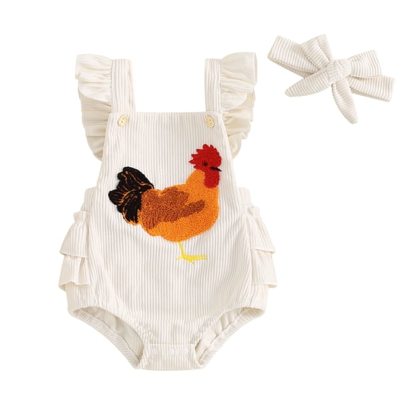 Baby Girls Rompers Fuzzy Rooster Embroidery Fly Sleeve Ruffles Infant Bodysuits Summer Clothes with Headband