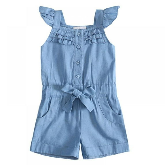 Baby Girls Rompers Lace Denim Vest Shorts Boat Neck Summer Dress for Age 1-5 Blue