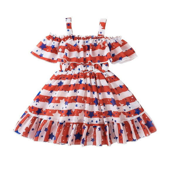 Baby Girls Ruched Ruffle Patriotic Dress Sleeveless Strap Star Double Pleated 4th of July Short Dresses Toddler Tutu