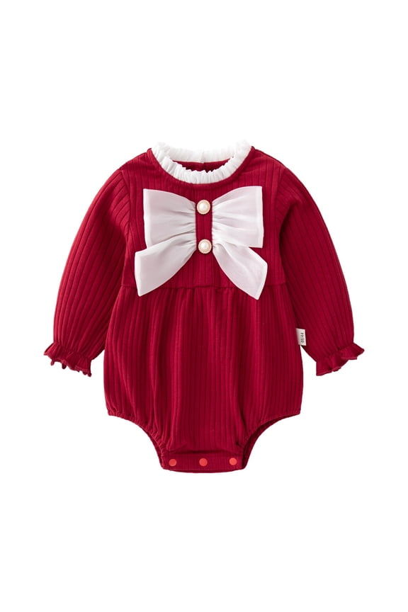 Baby Girls Ruffle Bodysuit Infant Ribbed Knit Romper Jumpsuit Long Sleeve Onesie Overall Newborn Princess Outfit,Cute Bow/Peter Pan Collar Romper