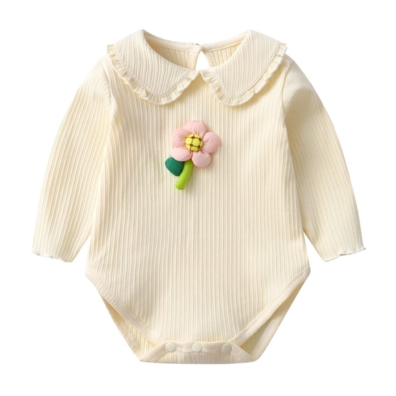 Baby Girls Ruffle Bodysuit Infant Ribbed Knit Romper Jumpsuit Long Sleeve Onesie Overall Newborn Princess Outfit,Cute Bow/Peter Pan Collar Romper