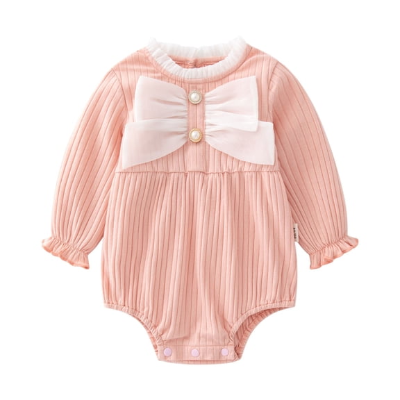 Baby Girls Ruffle Bodysuit Infant Ribbed Knit Romper Jumpsuit Long Sleeve Onesie Overall Newborn Princess Outfit,Cute Bow/Peter Pan Collar Romper