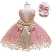Baby Girls Ruffle Lace Backless with Headwear Bowknot Flower Wedding Christmas Dress, 3M-24M