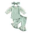 thumbnail image 1 of Baby Girls Ruffle Long Sleeve Floral Romper Bodysuit Flare Pants Bell Bottoms Outfits Headband Set, 1 of 7