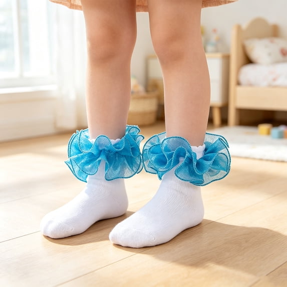 Baby Girls Ruffle Socks Double Lace Frilly Turn Cuff Cotton Dress Socks for Toddler Kids