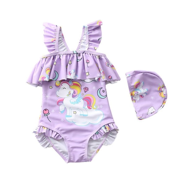 Baby Girls Ruffled Swimsuit One-Piece Swimwear Toddler Kids Cute Cartoon Bikini Set Chidlren Bathing Suit with Swim Cap,1-7T