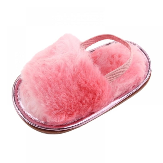 Baby Girls Sandals Coral Fleece Elastic Back Strap Flats Shoes Rubber Sole Slippers