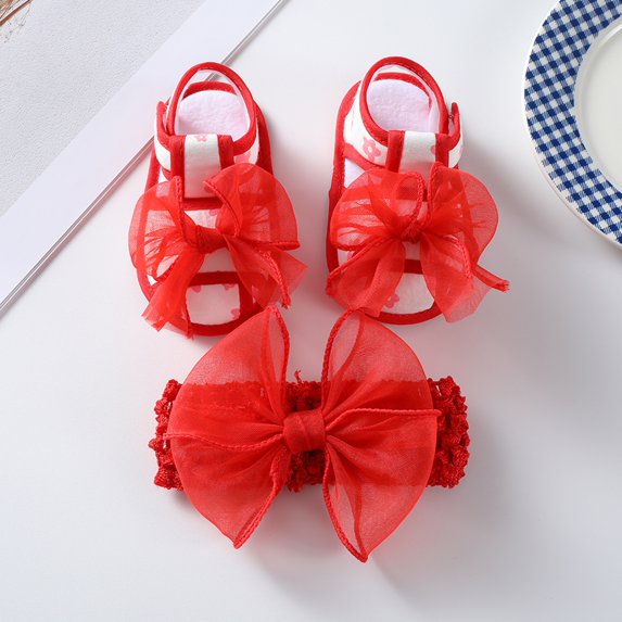 Baby Girls Sandals with Headband Cute Bow Knot Outdoor First Walker for Newborn Summer Baby Girl' Sandals Baby Learning Walking Shoes