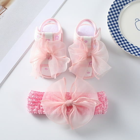 Baby Girls Sandals with Headband Cute Bow Knot Outdoor First Walker for Newborn Summer Baby Girl' Sandals Baby Learning Walking Shoes