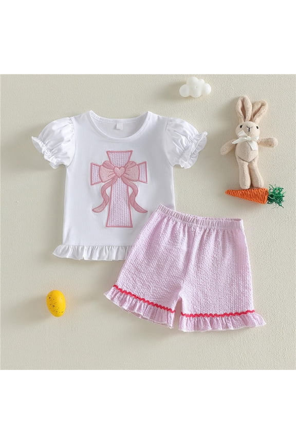 Baby Girls Sets Bubble Sleeve Embroidery Printed T-shirt Tops Ruffle Stripe Shorts 2Pcs Toddler Kids Summer Outfits Pink 2-3 Years