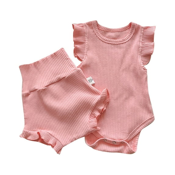 Baby Girls Sets Wooden Ear Romper + Shorts Two Piece Summer Childrens Solid Color Home Clothes Set For 3-6 Months
