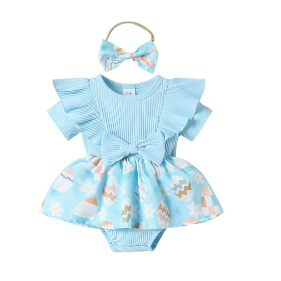 Baby Girls Short Sleeve Easter Blue Romper and Headband