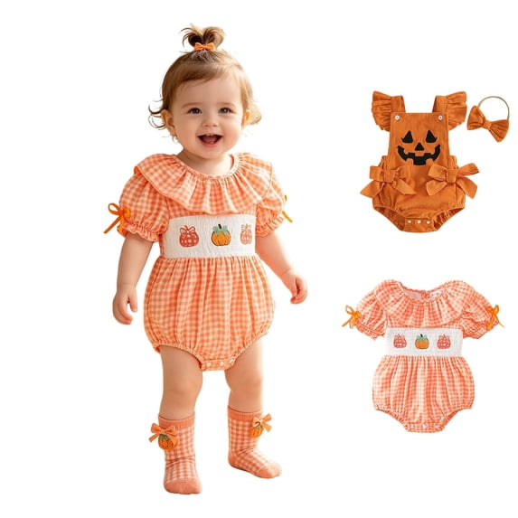 Baby Girls Short Sleeve Pumpkin Embroidered Bodysuit Romper Halloween Party Clothes Toddler Halloween Outfits Size 12-18 Months