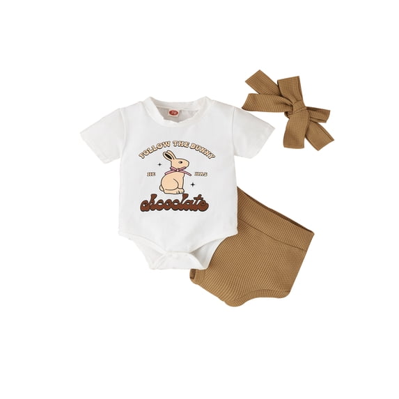 Baby Girls Shorts Set, Short Sleeve Letters Bunny Print Romper Elastic Waist Shorts with Hairband