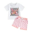 thumbnail image 1 of Baby Girls Shorts Set, Short Sleeve Letters Print T-shirt with Plaid Shorts Summer 2-piece Outfit, 1 of 10