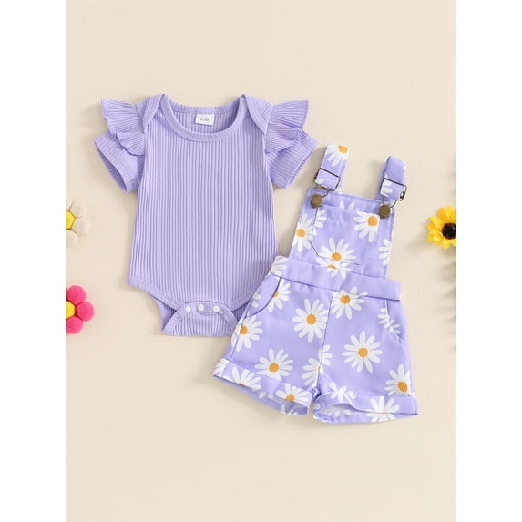 Baby Girls Shorts Set, Short Sleeve Romper with Flower Print Suspender Shorts Summer Outfit